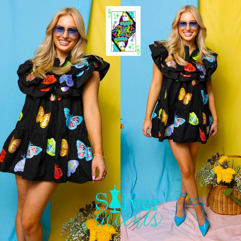 QUEEN OF SPARKLES BlackMulti BUTTERFLY Ruffle Dress NWT